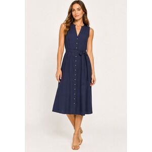 Ann Taylor Midi Dress Women 4P Navy Blue NEW Sleeveless Button Front Belted